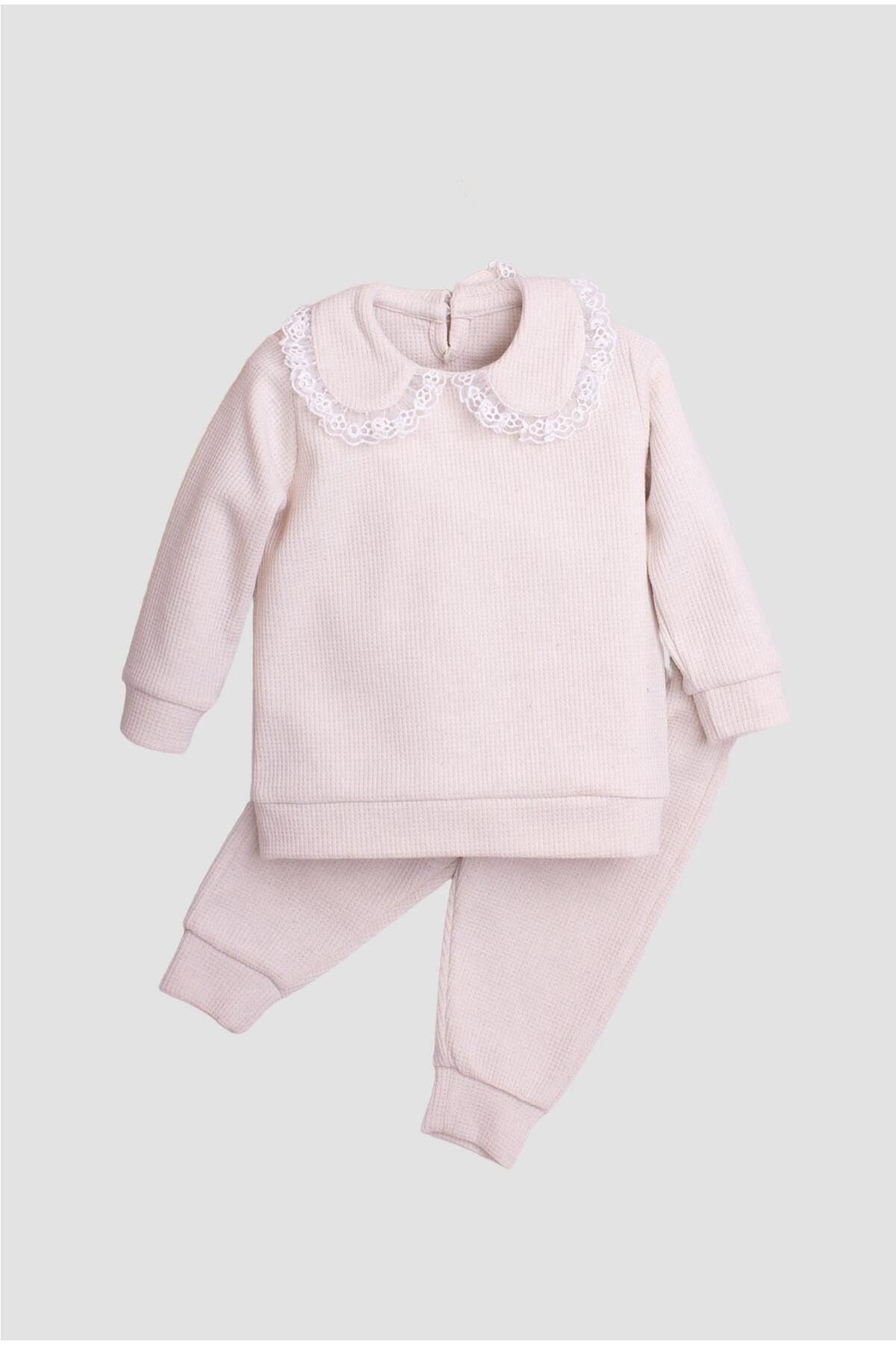Pamuklu Waffle Kumaş Yaka Detaylı Tatlı Unisex Bebek&çocuk 2'li Alt Üst Eşofman Takım
